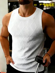 Men's Textured Slim-Fit Gym Vest, Breathable Diamond Pattern Fabric, High-Quality Elastic Material, Ideal for Fitness Training