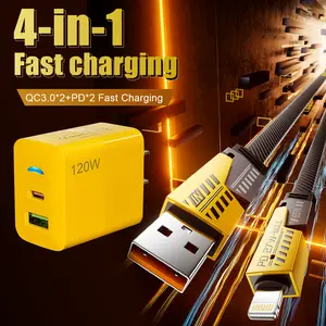 1-Pack Portable Fast Charger, Type C/USB A Dual Ports Adapter,4 in 1 Fast Charging Cable & Data Sync, 5FT Flat Braided Charger Cord for iPhone 17/16/15/14/13/12Pro Max/iPad/Airpods/Samsung Series Phone Accessories