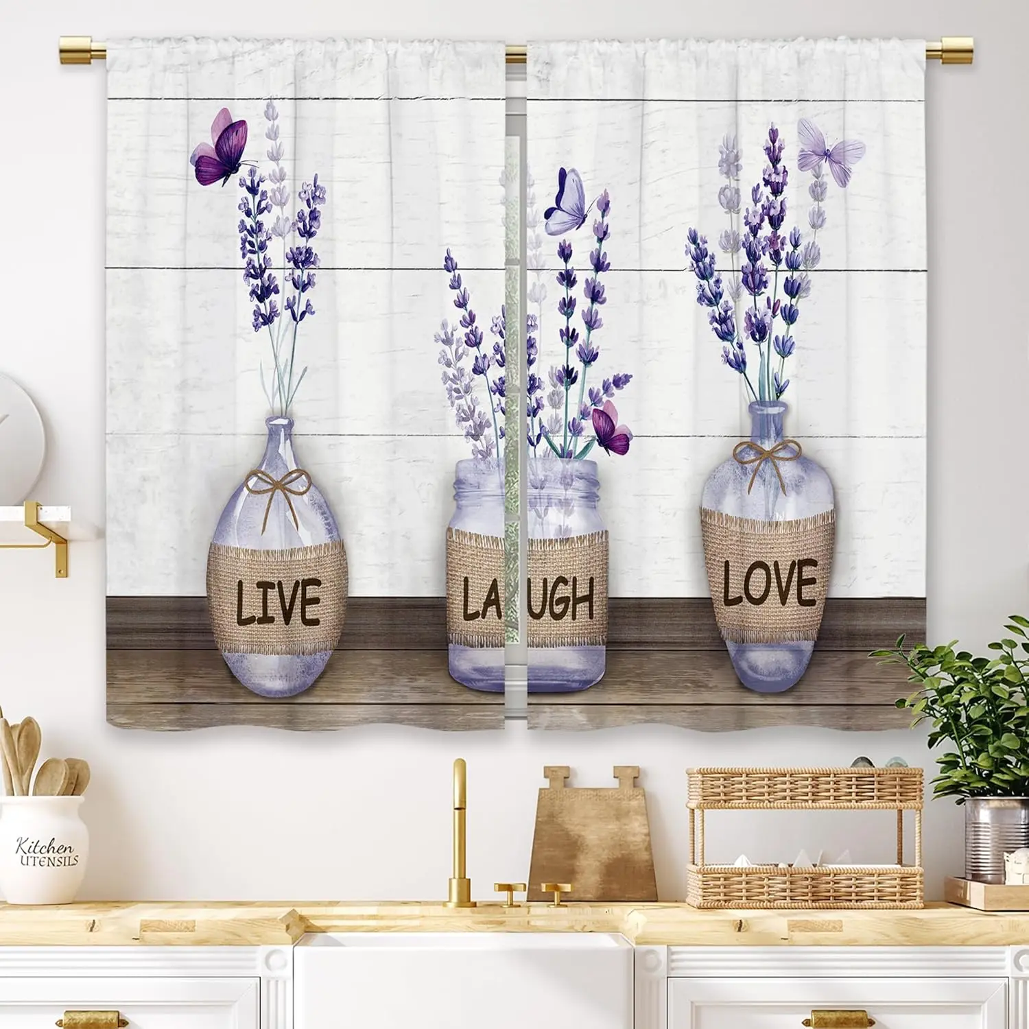 Vintage Floral Rod-Pocket Tier Curtains, Rustic Farmhouse Style, Purple Lavender Plants & Bottle Print, 27.5x39in Short Stretch Drapes, Light Filtering, Balanced Light & Privacy, for Kitchen/Bath Cafe Windows, Durable, Do Not Bleach