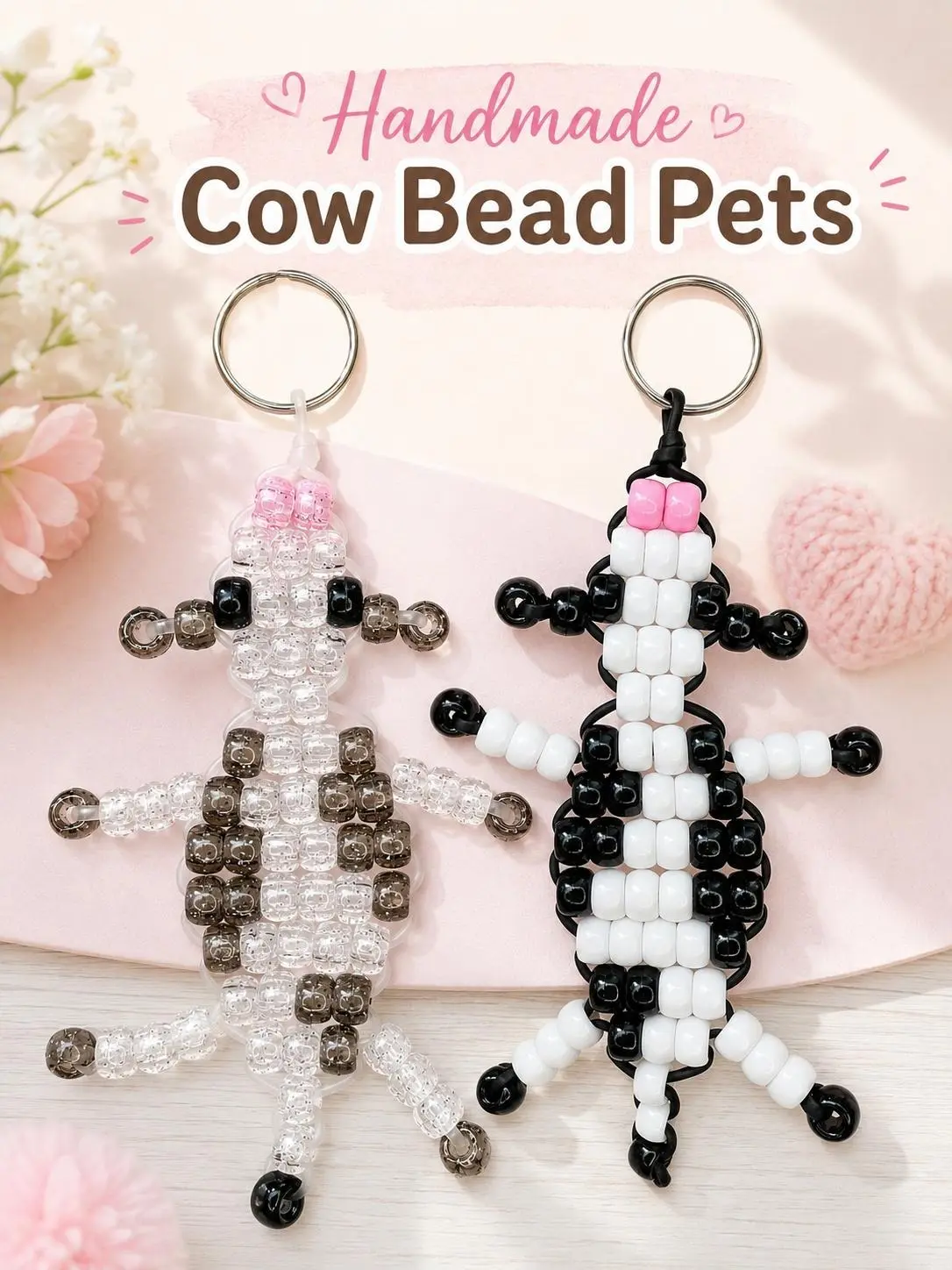 Handmade Cow Bead Pet Keychain - Regular or Glitter Pony Bead Charm, 90s Nostalgia Backpack Clip, Cute Kandi Animal Gift for Pet Lovers