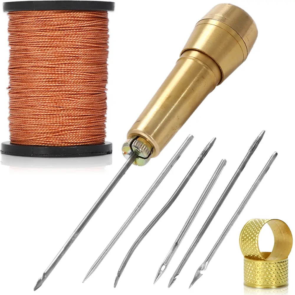 [Leather Sewing Awl Set] 6pcs Leather Sewing Awl Set with Copper Handle | Includes 1968.5inch Nylon Thread, 2 Thimbles, Interchangeable Needles for Hand Sewing, Shoe and Leather Craft Repair Tools summerwins
