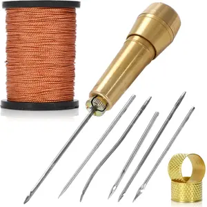 [Leather Sewing Awl Set] 6pcs Leather Sewing Awl Set with Copper Handle | Includes 1968.5inch Nylon Thread, 2 Thimbles, Interchangeable Needles for Hand Sewing, Shoe and Leather Craft Repair Tools