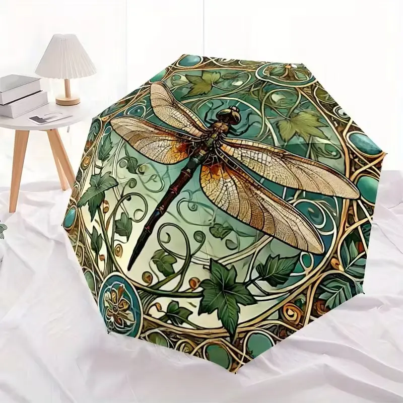 New dragonfly print folding umbrella, perfect for daily commuting, lightweight and durable, great for travel and outdoor activities, an umbrella to carry around for outdoor sports, beautifully patterned, a must-have item for home.