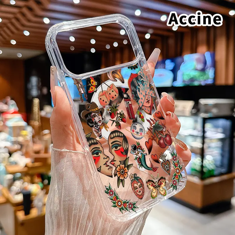 Vintage Tattoo Compilation Pattern Magnetic Phone Case for iphone 17 Pro Max 16 Plus 15 14 13 12 11 Air XR E Anti-Yellowing Shockproof Lightweight Transparent Acrylic Large Hole Soft Cover Supports Wireless Charging