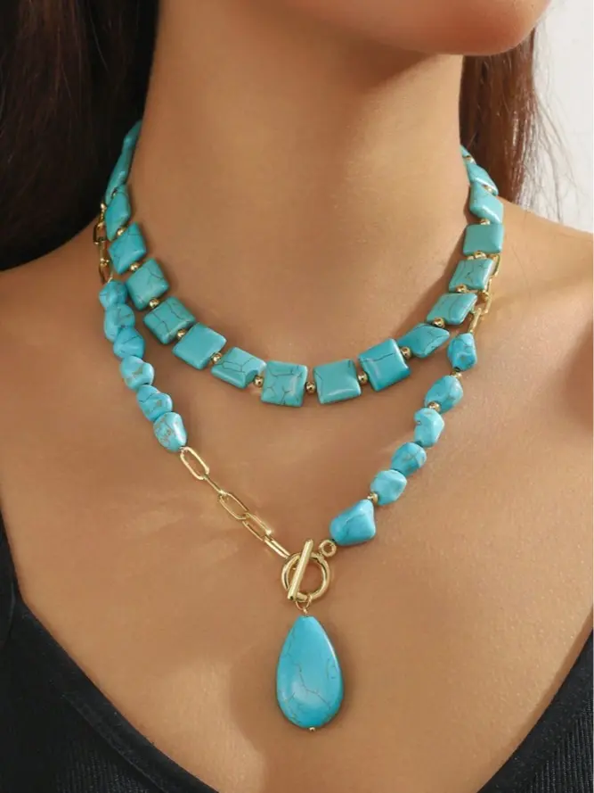 Natural Turquoise Double-Layer Teardrop Necklace – Boho Statement Jewelry
