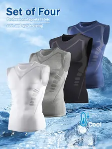 4pcs Men'S Quick Dry Sleeveless Shirt, Moisture Wicking Tank For Fitness, Basketball And Outdoor Training, Breathable And Anti-Odor Compression Fit, Printed With Stylish Print, Multicolor Set, Plus Size, Workout Vest