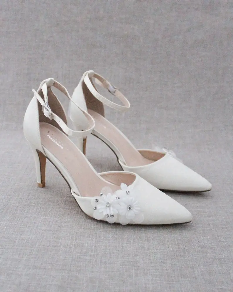Ivory Satin Pointy Toe Heels with WHITE FLOWER APPLIQUES - Wedding Shoes, Bridal Shoes, Evening Shoes, Women Heels, Flower Shoes