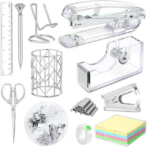 Office Desk Accessories, Acrylic Stapler, Staple Remover, Tape Holder, Pen Holder, Ballpoint Pen, Scissor, Binder Clips, 1000pcs Staples, Phone Holder, Ruler, Transparent Glue and 300 Notes