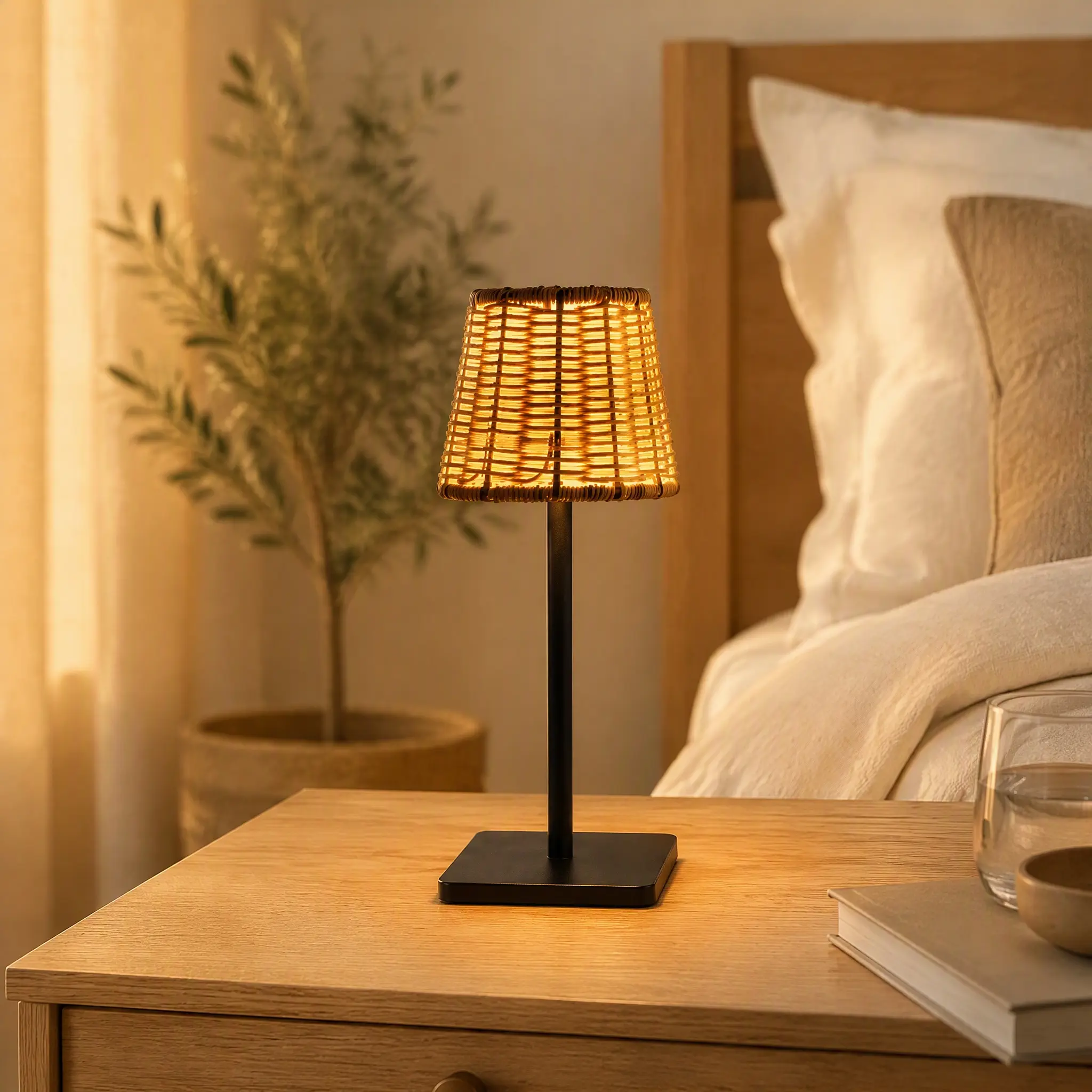1Pcs Rattan Table Lamp, Rechargeable Small Wicker Lamp Cordless Rattan Lamp Shade with Dimmable LED Portable Woven Bamboo Lamp, Cozy Boho Decor