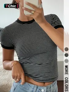 Women's Striped Print Round Neck Tee, Casual Short Sleeve T-shirt, Ladies Summer Clothes for Daily Wear