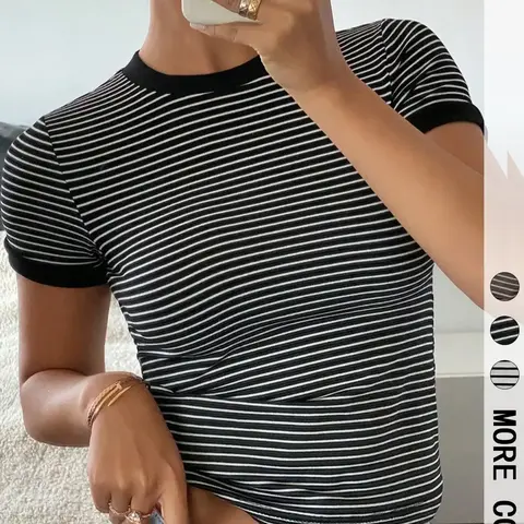 Women's Striped Print Round Neck Tee, Casual Short Sleeve Slim Fit Knit T-shirt Tops, Ladies Summer Clothes for Daily Wear, Classic Stripes