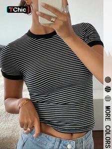 women's striped print round neck tee, casual short sleeve t-shirt, ladies summer clothes for daily wear, womenswear