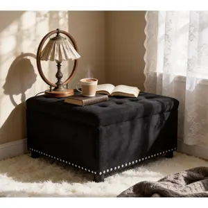 Storage Ottoman, Tufted Footstool, Nailhead Trim Ottoman, Square Storage Ottoman, Upholstered Coffee Table, Bedroom Storage, Living Room Accent, Black Ottoman, Small Space Furniture, Home Decor