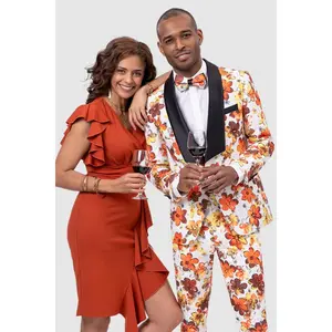 Mens Square Shawl Party Tuxedo in Orange Floral Pattern