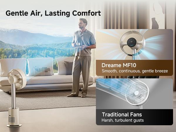 DREAME MF10 Bladeless Tower Fan for Bedroom, Smart Standing Fan with 270° Spatial Airflow for Whole-Room Circulation, 59ft/s High Velocity, 10 Speeds 3 Modes, Temperature-Adaptive Airflow, MF10-Beige