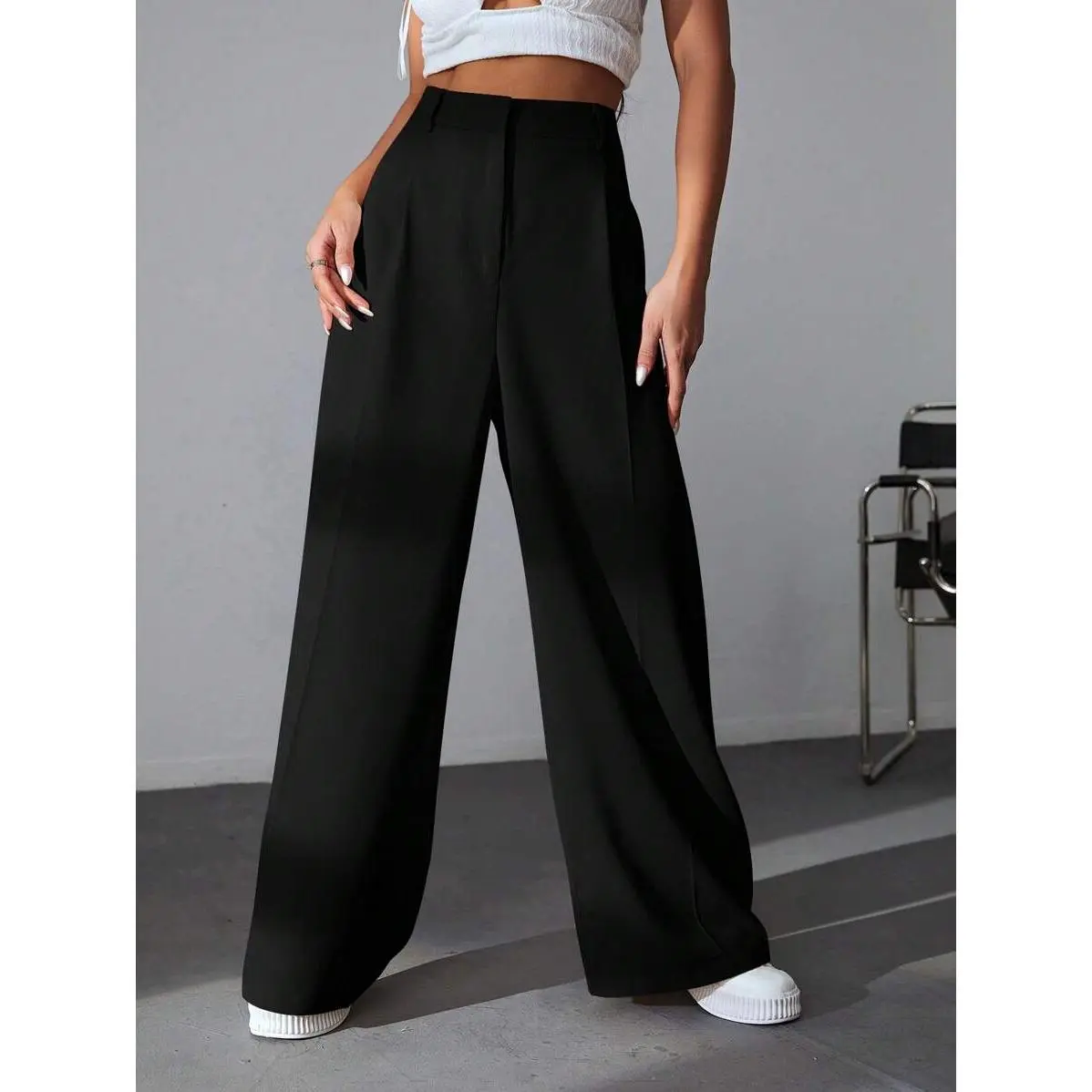 EZwear Casual Versatile Solid Color High Waisted Wide Leg Pants