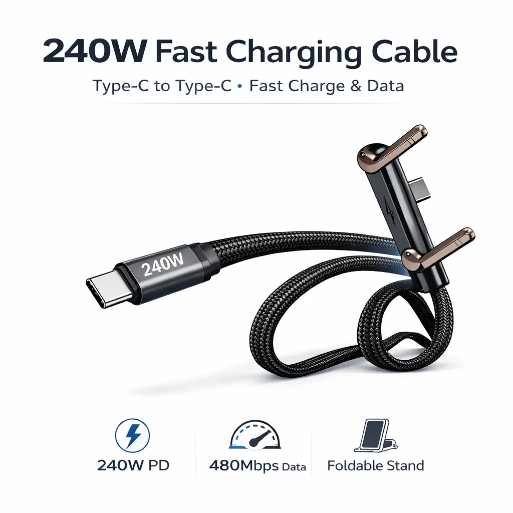 LWW 240W USB-C to USB-C Fast Charging Cable with Built-in Phone Stand, Right Angle Braided Type-C Cord for iPhone 15, iPad, MacBook, Gaming & Desk Use, PD 3.1 Durable Charger