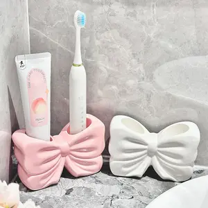 Ceramic Bow Toothbrush Holder, Cute Bathroom Organizer for Electric Toothbrush & Toothpaste, Decorative Vanity Storage for Kids & Adults