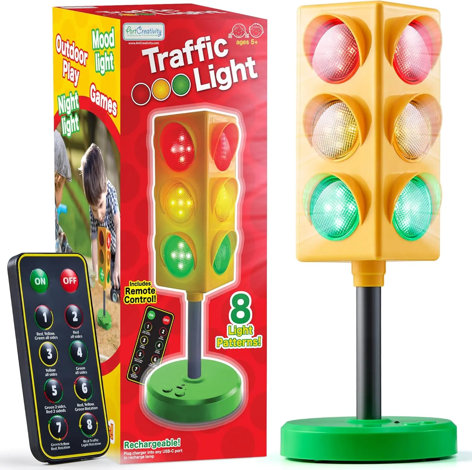 Traffic Light Lamp - Stop Light Lamp for Kids with Remote - 8 Different Patterns, Red Light Green Light Game for Kids