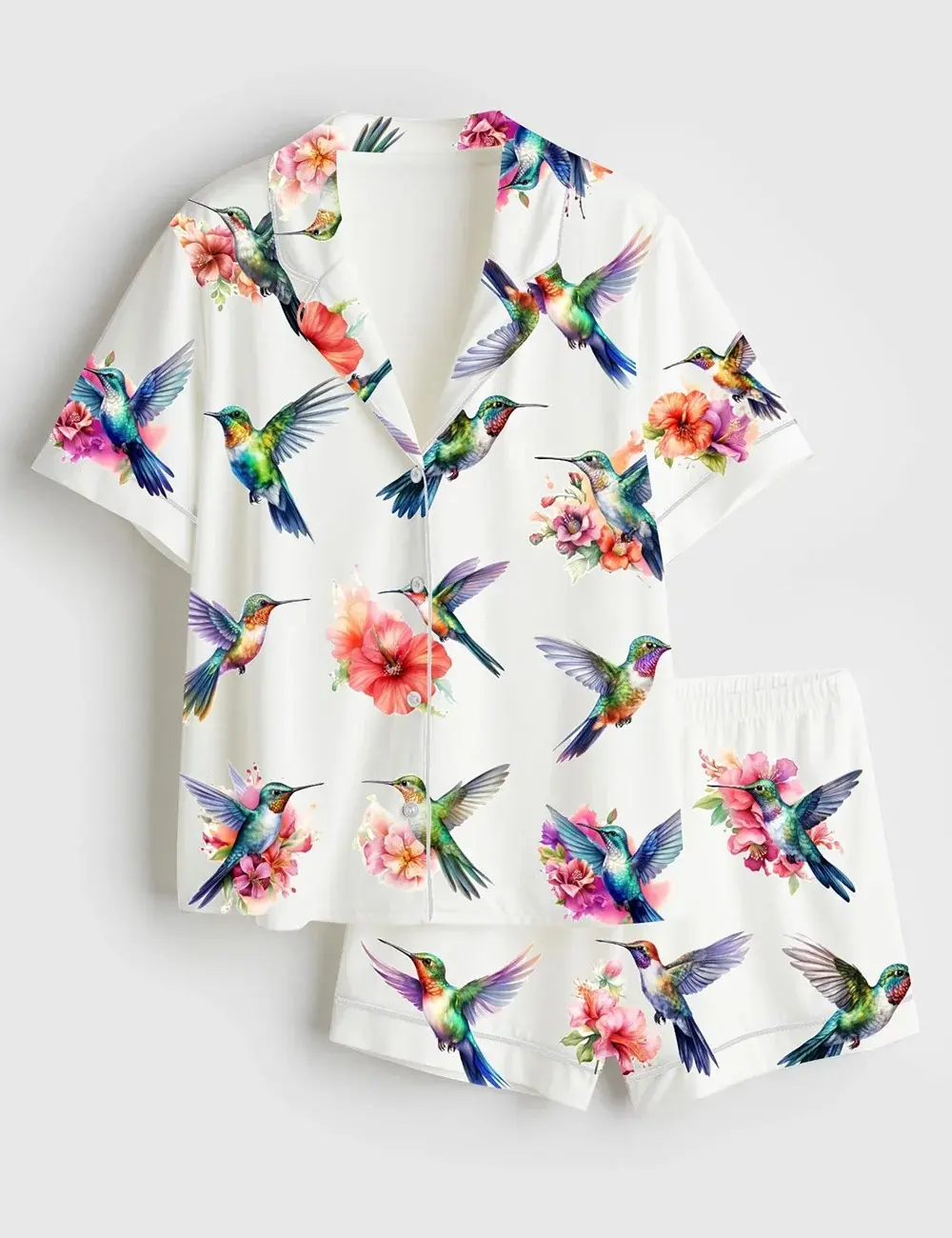 Women’s Watercolor Hummingbird Print Short Sleeve Silk Satin Pajama Set Soft Sleepwear
