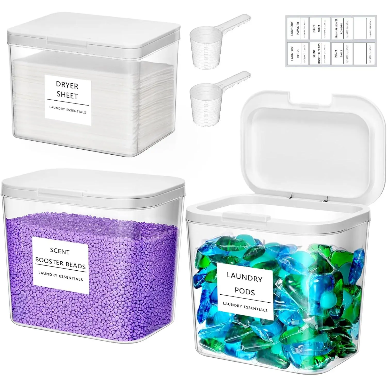 Lifewit Classic Transparent Detergent Storage Boxes Set of 3, Durable Multifunctional Plastic Rectangle Containers with Pop-up Lids, Home Organizer for Laundry Room, Holds Washing Powder, Scent Booster Beads, 2700+2000ml/0.72+0.5gal (with Labels)