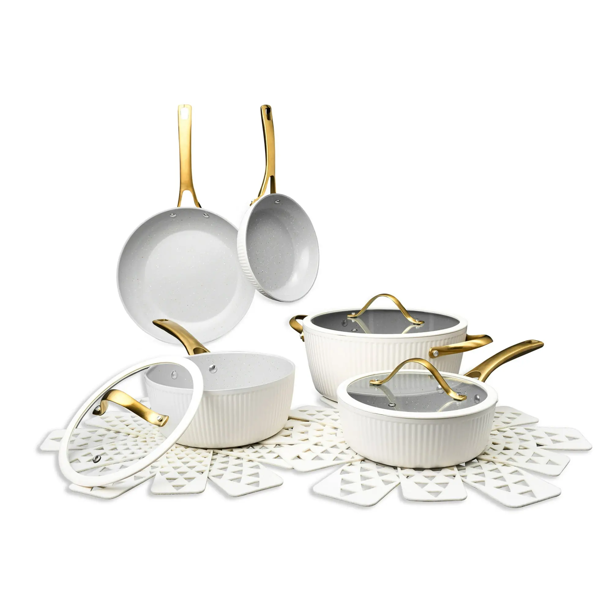 Thyme & Table 12-Piece Ceramic Non-Stick Signature Cookware Set, Non-Toxic Pots and Pans Set- White & Gold