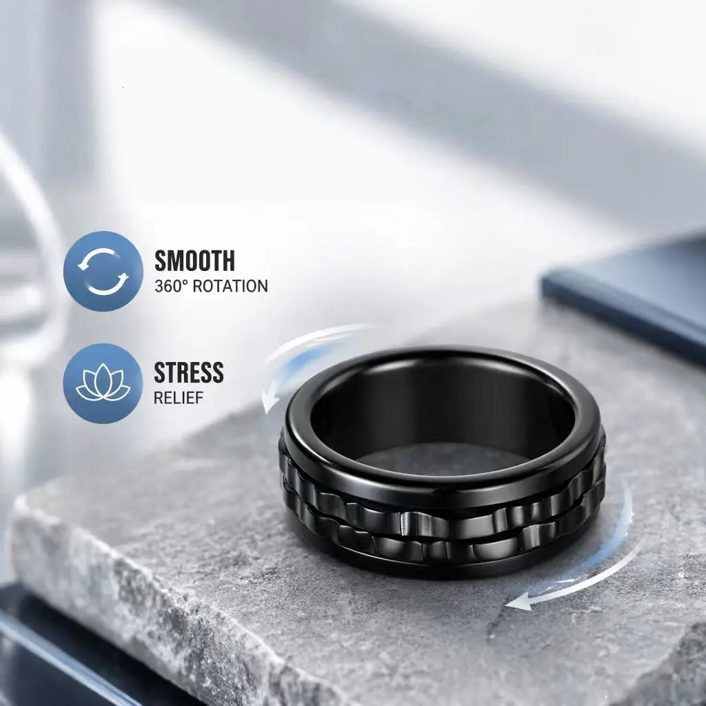 Men's Gear Spinner Band in Sleek Titanium Steel, Durable Rotatable Fidget Design for Anxiety and Focus, Enhance, Stress Relief, Male, Geometric, Fidget Ring, Anti Anxiety Jewelry, Spinner Rings, Basic, Everyday, Gear-Inspired
