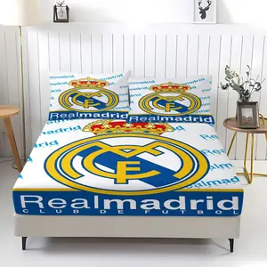 Real Madrid Team Emblem Themed Fitted Sheet,Colorfast,Including 1 Bed Sheet and 2 Pillowcases,The Non Slip Dust Cover is Suitable for Teenagers and Adults Bedrooms and Guest Rooms,Suitable for Personal Use or as a Gift Bedding Set
