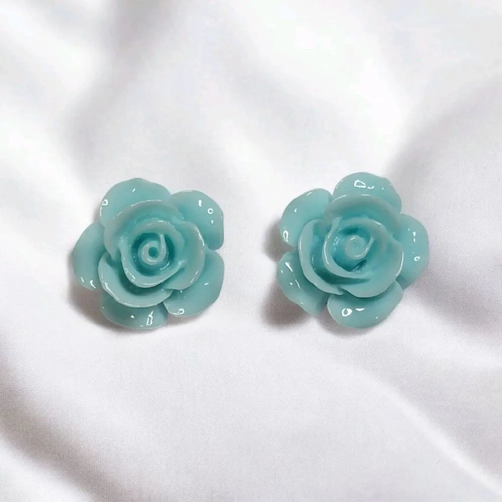 Glossy Light Blue Rose Stud Earrings