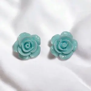 Glossy Light Blue Rose Stud Earrings