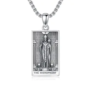 MEIDERBO Dream Chaser The Hierophant Necklace 925 Sterling Silver Oxidized Finish Tarot Pendant Stainless Steel Bead Chain 22+2 Inch Bella Chain Spiritual Jewelry