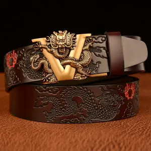 V-Dragon automatic buckle men's belt, made of cowhide, personalized double dragon embossed casual belt