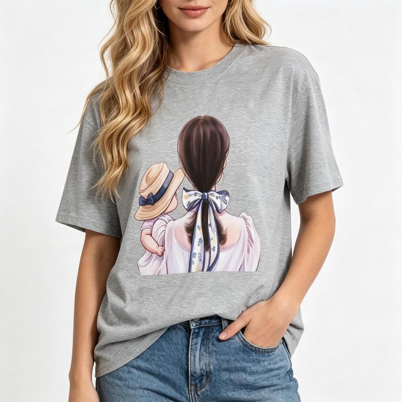 Women's Pure Cotton Lightweight Crew Neck Graphic Print Oversized T-Shirt - Light Gray Short-Sleeve Tee, Beach Casual Streetwear, Mother-Holding-Child Straw Hat Ribbon Back Design Summer Outfit