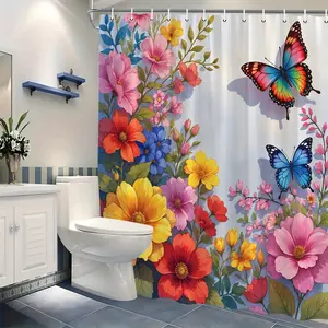 2D Flat 1Pc Colorful Butterfly and Flower Shower Curtain, bright butterflies in pink, red, blue, and green, surrounded by delicate yellow, red, pink, and blue flowers, with a metallic silver background, comes with 12 hooks, size 70x70inch
