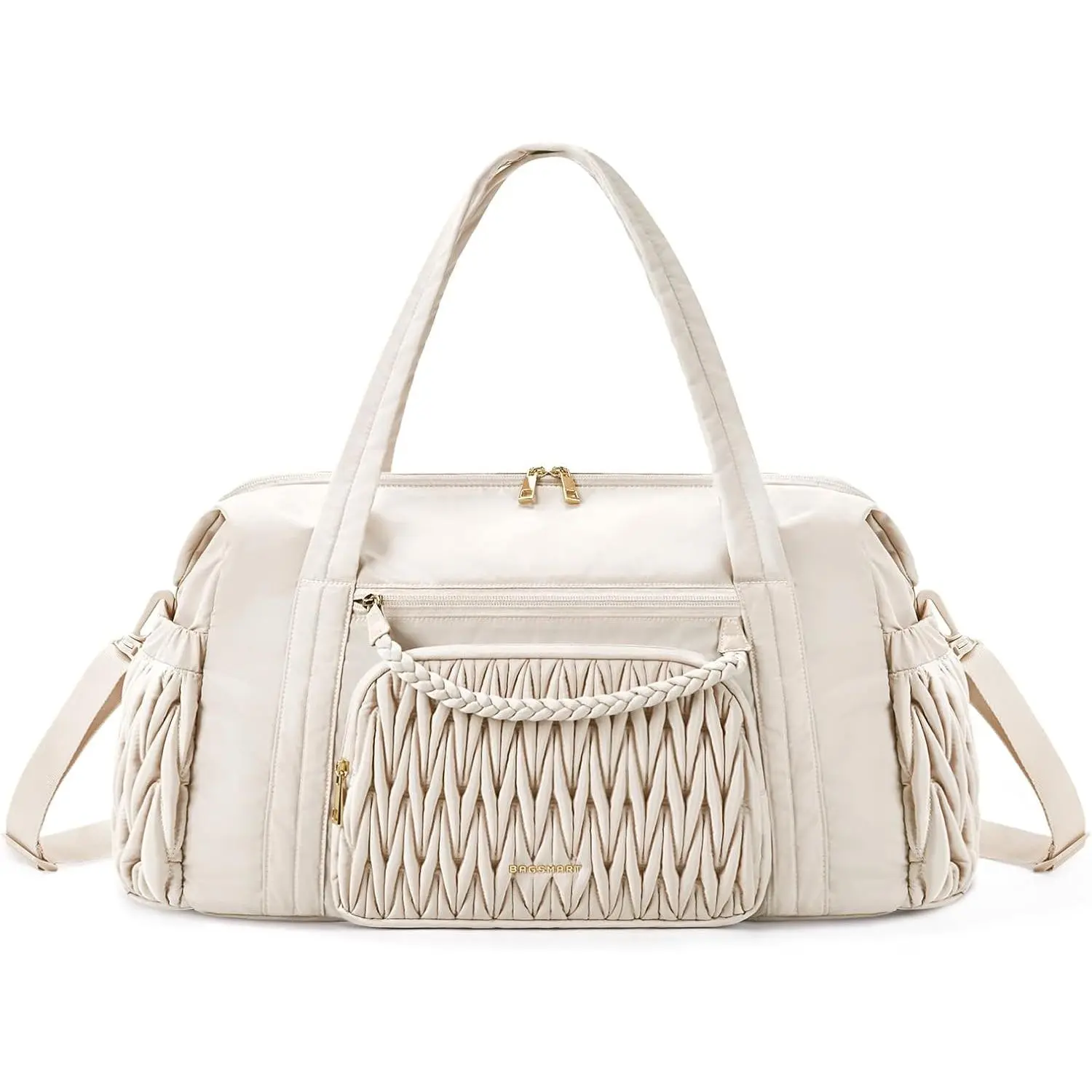 Women's Chic Quilted Twist Weave Duffel Bag - 18.5x8.7x11 inches, High-Capacity Compartmentalized Overnight Gym Travel Carry-On, Beige, Fits 15.6'' Laptop, Adjustable Strap, Zipper, Business & Sport Use