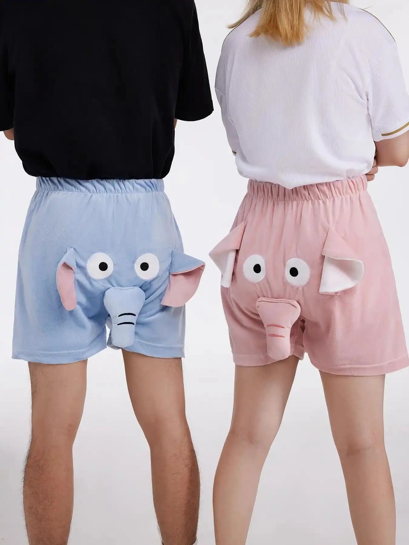Couple Fuzzy Cartoon Elephant Design Straight Leg Pyjama Shorts, Summer Clothes Men's, Cute Elastic Waist Pajama for Women, Lounge Set, Comfy Sleepwear & Loungewear Clothing for Home Wear, Comfort Homewear, Wardrobe