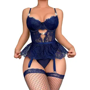 Women Lingerie Set Naughty Lace Bodysuit High Waisted Underwire Lingerie Babydoll With Garter Belt and Stockings Floral Womenswear Piece Teddy Bridal Basic Minimalist Black lingerie sets lace