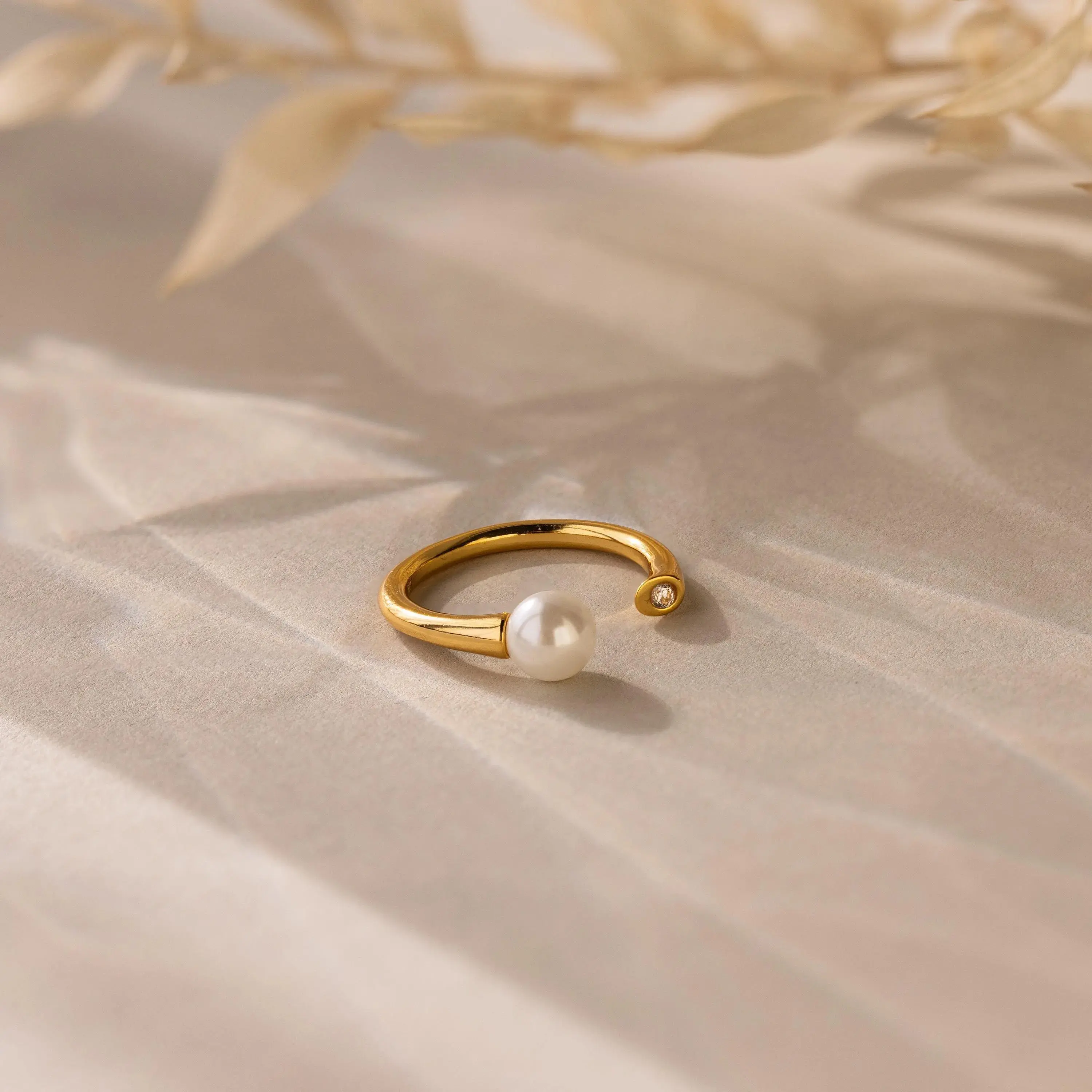 Open Pearl & Diamond Ring by Caitlyn Minimalist - Adjustable Two Stone Ring - Dainty Gemstone Ring - Pearl Jewelry - Gifts for Mom