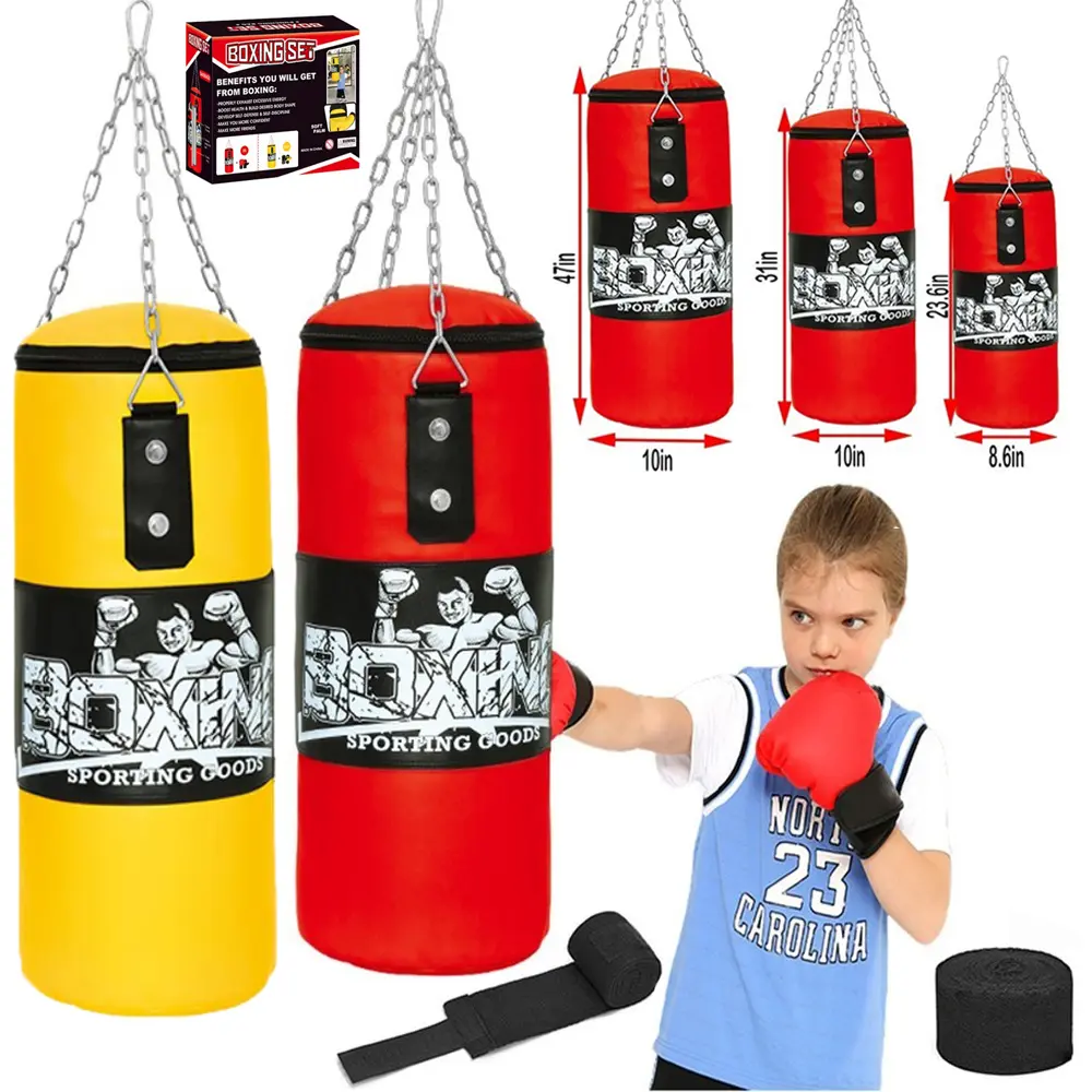 Unisex PU Leathers Anti-Burst Hanging Punching Bag Set (23.6in-47in, Unfilled) - Boxing & Martial Arts Equipment with Foam Gloves, Chains, Hand Wraps for Adult Training