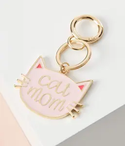 Pink Cat Mom Gold Metal Keychain