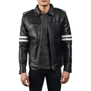Men's Black Biker With White Stripes Leather Jacket