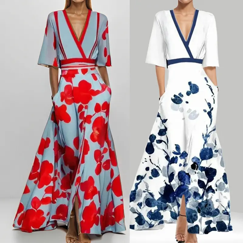 Women'S Fashion Elegant Temperament V-Neck Printed Tie Large Hem Dress