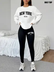 Women's Casual Letter Print Sweatshirt, Round Neck Long Sleeve, Fitted Design, Suitable for Fall & Winter, Single Wear or Layering