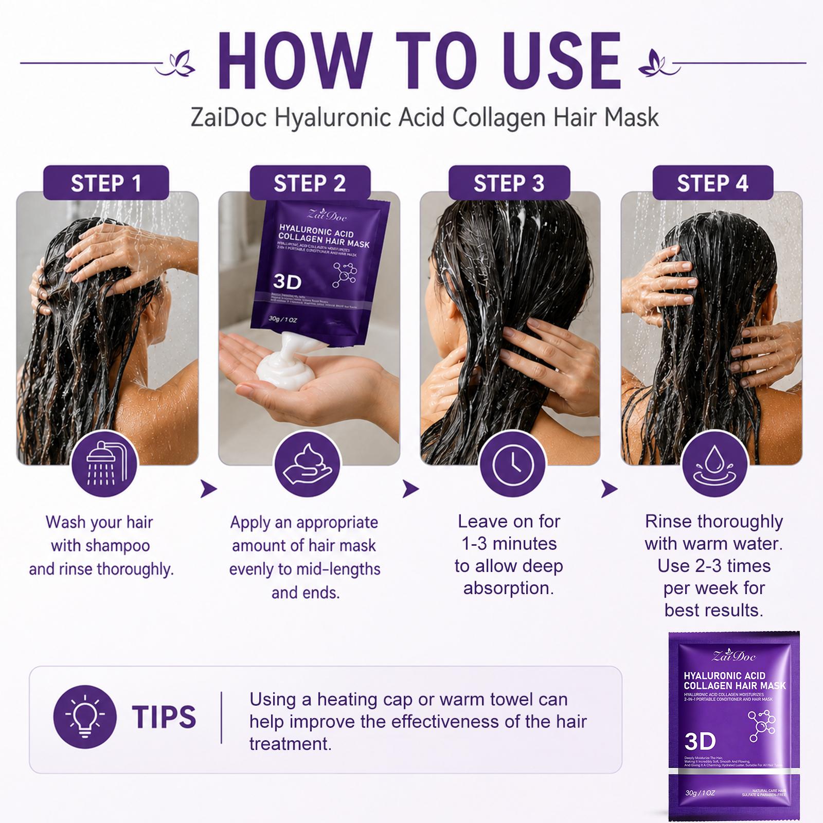 3D collagen hair mask 30g — Deeply repairs hair strands, replenishes moisture, restores hair's natural shine. Functions as a conditioner, lightweight and non-greasy, suitable for all hair types, leaving hair hydrated, glossy, smooth and easy to comb.