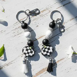 Checkered Pumpkin Keychain Farmhouse Fall Beaded Key Ring
