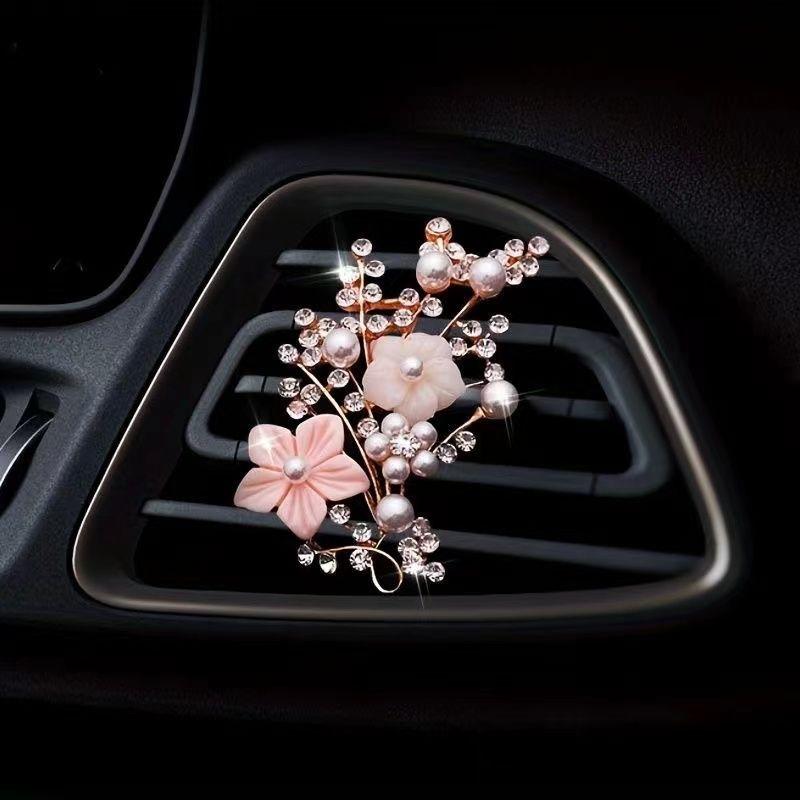Sparkling Rhinestone Pearl Car Air Vent Freshener, Floral Auto Diffuser Clip,Cute Car Interior Decor for Women