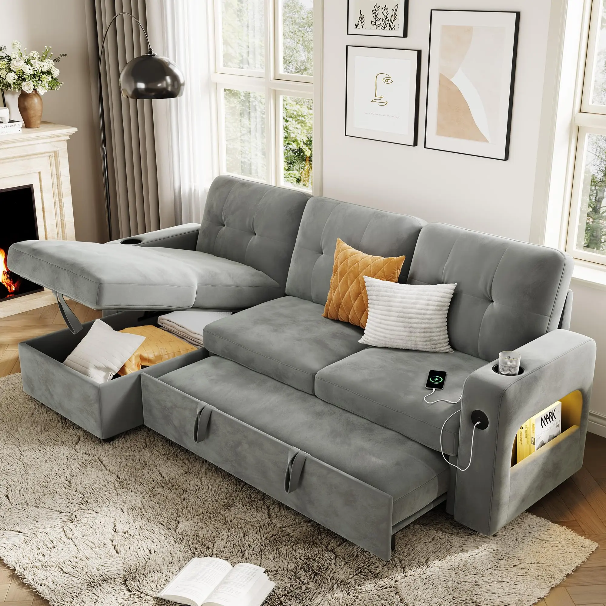 Garvee 84"x52.5" Modern L-Shaped Velvet 2-in-1 Transforming Sleeper Sectional Couch - Built-in Power Port Sofa Sets with Storage, Charging Station, LED Lights, USB-Type-C Ports, Reversible Chaise, Living Room Furniture