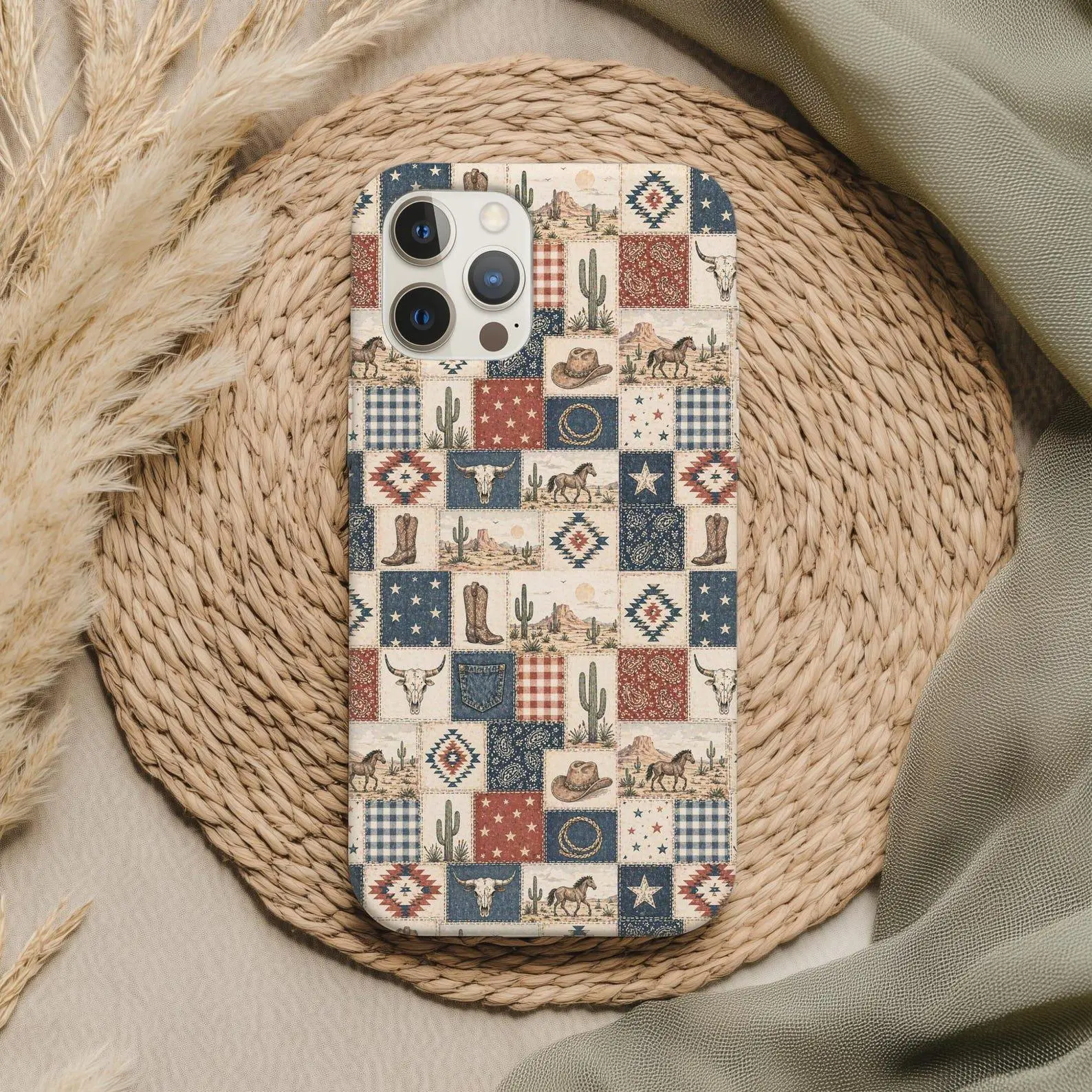 Rustic Western Patchwork Wireless Cellphone Case - Cowboy Desert Southwest Pattern, Lightweight Thin Polycarbonate Frame, Shockproof Protection for Mobile Phones, Cellphone Casing,Summerwins gift