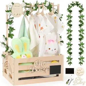 Wooden Baby Shower Crate Closet, Baby Shower Basket with Name Plate, Wooden Sign, Garland, Easy Assembly Baskets for Newborn Boys Girls, Pregnancy Gifts for New Parents (Small Size)