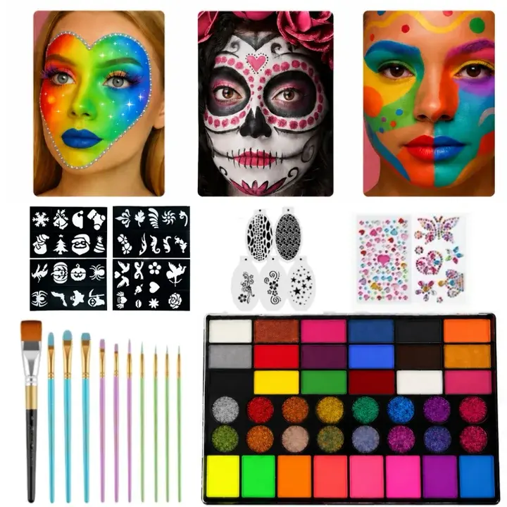 42-Color Safe Face Paint Kit for Kids - Professional Non-Toxic Hypoallergenic Water-Activated Palette with Brush, Stencil, Gem, Multiple Colors, Ideal Gifts for Halloween, Cosplay